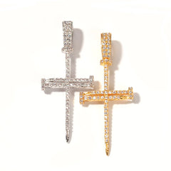 Aliexpress new listed Copper Material Iced Cross CZ Pendants Necklace Gold Silver Screw Nail sharp cross pendant Fashion Hip Hop