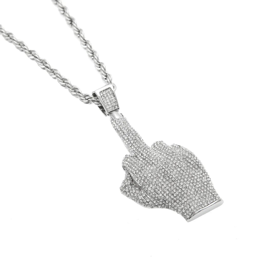 Hip Hop Men Gold Color Full Rhinestone Big Middle Finger Pendants Necklaces With 6mm 30inch rope chain chain Jewelry
