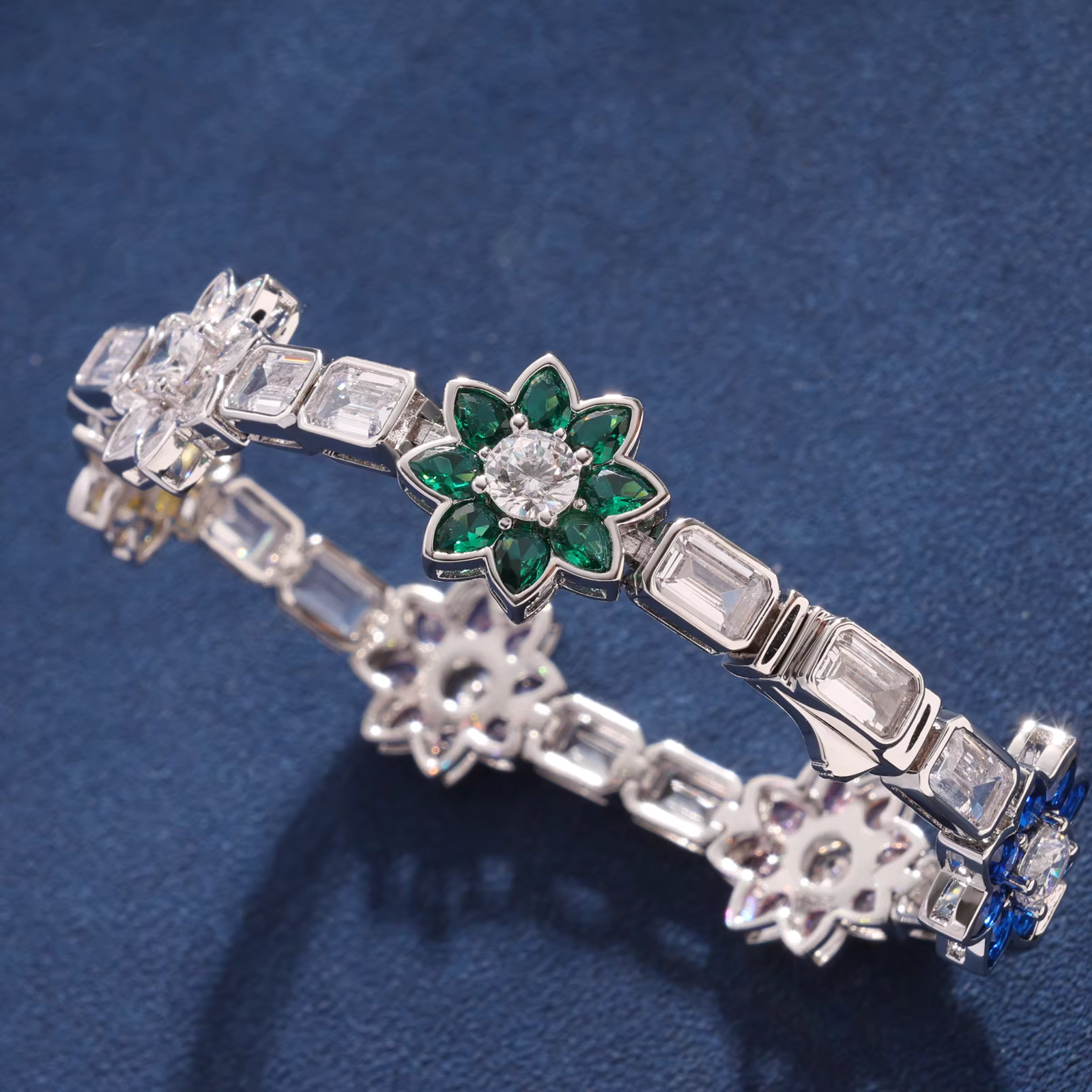 New Design 14mm Sparkling Colorful Flower Bracelet VVS D Moissanite 925 Sterling Silver Bangle Fashion Hip Hop Jewelry