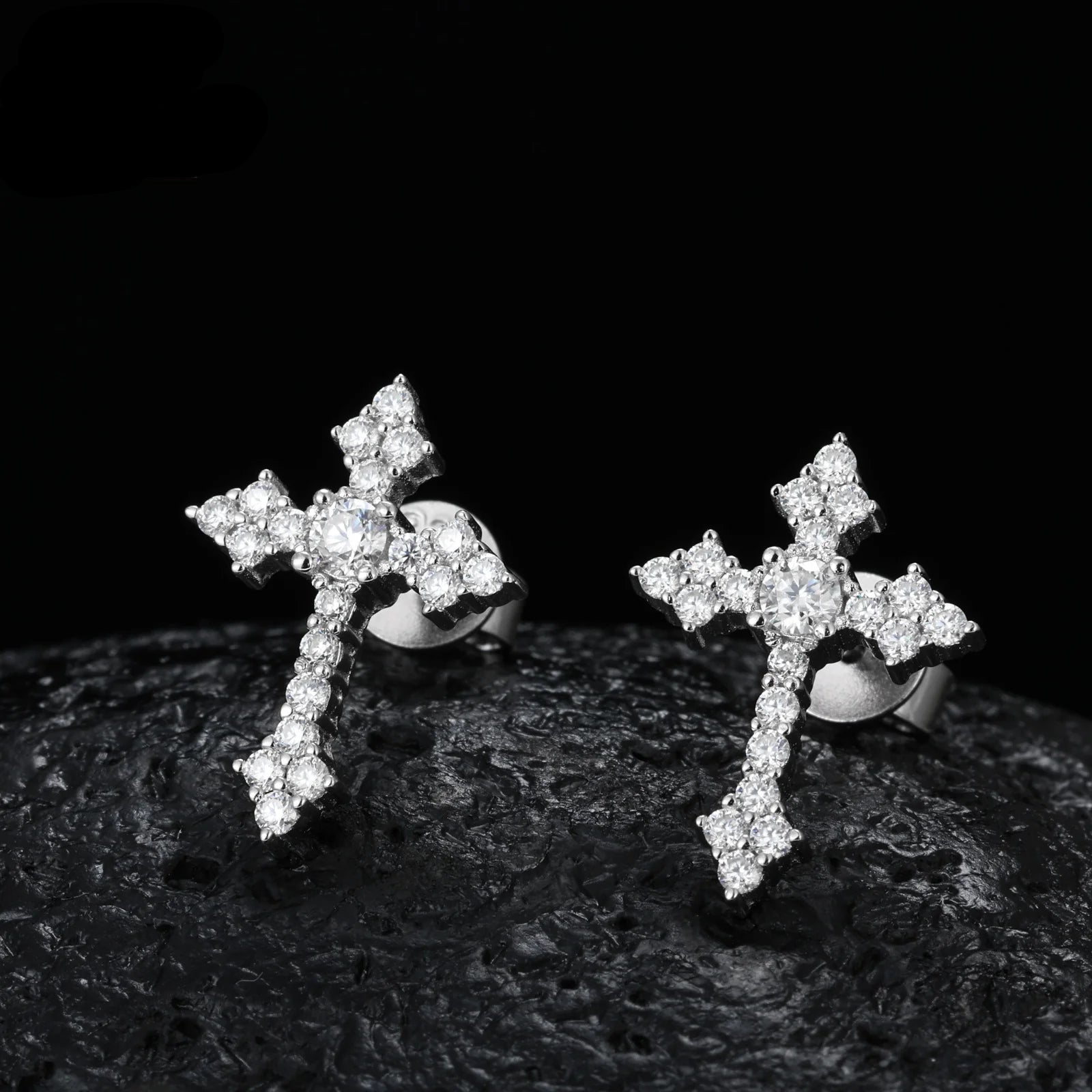 Hip Hop 925 Sterling Silver VVS Moissanite Diamond Iced Tapered Cross Stud Earrings for Men Religious Jewelry