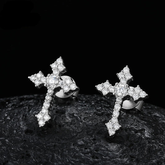 Hip Hop 925 Sterling Silver VVS Moissanite Diamond Iced Tapered Cross Stud Earrings for Men Religious Jewelry