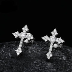 Hip Hop 925 Sterling Silver VVS Moissanite Diamond Iced Tapered Cross Stud Earrings for Men Religious Jewelry