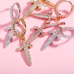 Ice Stone New Arrival Hoop Cross Sword Iced Out Earrings