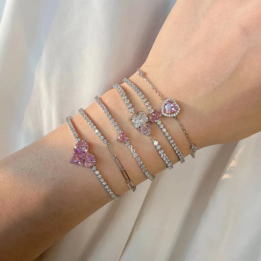 S925 Sterling Silver Fine Chain Link Bracelet for Women Exquisite Pink Heart Zircon Row Diamond Design European Bracelet