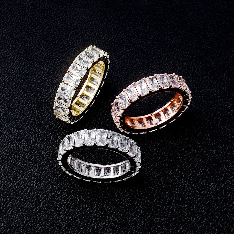 Manufacturer direct sale fashion jewelry baguette diamond shiny cz stone wedding rings 18k gold plated women iced rings
