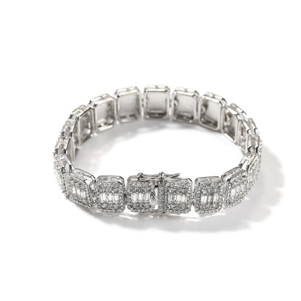Hip Hop Iced Out Baguette Diamond Bracelets Luxury Shining Full Diamond Alloy Bangles 18K Gold Plated Women Men