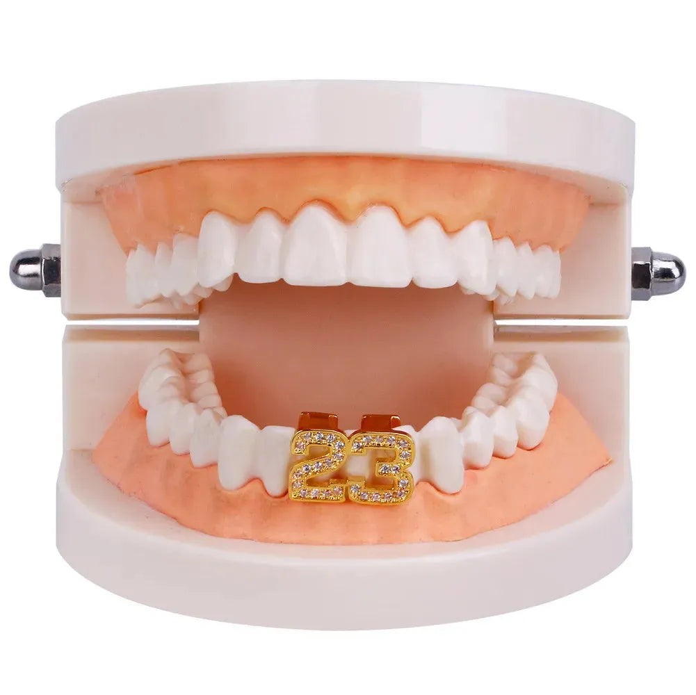 New Custom Fit Gold Silver Color Micro Pave Cubic Zirconia 23 Top & Bottom Teeth Grillz Halloween Christmas Gift for Men