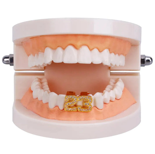 New Custom Fit Gold Silver Color Micro Pave Cubic Zirconia 23 Top & Bottom Teeth Grillz Halloween Christmas Gift for Men