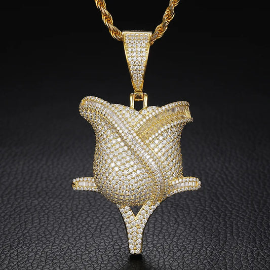 VVS D Moissanite Rose Flower Pendant Necklace 925 Sterling Silver Romantic Full Diamond Rose Choker Necklace for Men Women