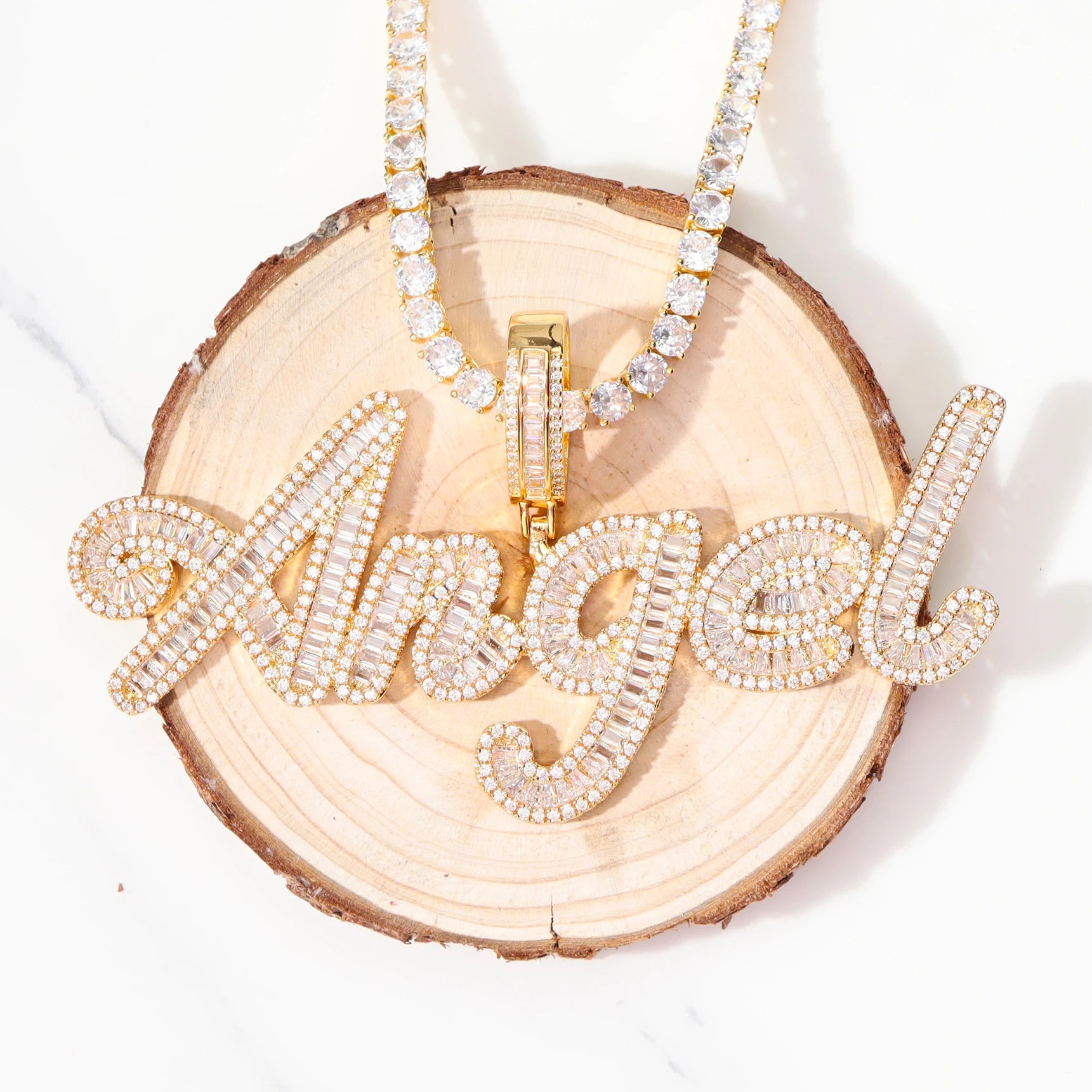 Iced Out Custom Name Necklace Hip Hop 14k Real Gold Plated Personalized Initial Baguette Brush Letter Pendant Necklaces Jewelry