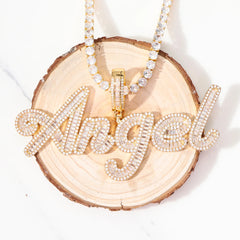 Iced Out Custom Name Necklace Hip Hop 14k Real Gold Plated Personalized Initial Baguette Brush Letter Pendant Necklaces Jewelry