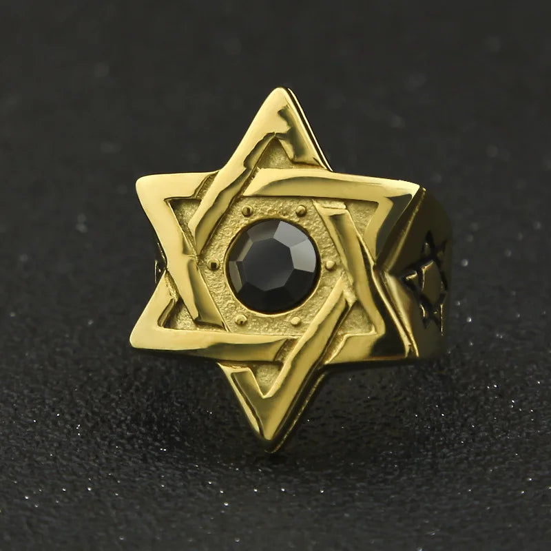 Brazilian American Mexico Hot Unisex Hip hop Five Star Pentacle gold ring black stone Durability no fade cheap men ring jewelry