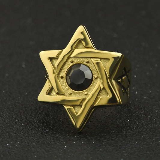 Brazilian American Mexico Hot Unisex Hip hop Five Star Pentacle gold ring black stone Durability no fade cheap men ring jewelry