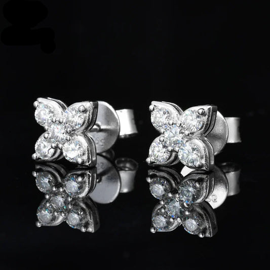Ice Stone Four Leaf Cross Moissanite Silver Earrings