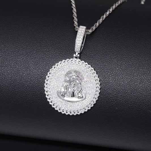 Ice Stone Hip Hop 925 Silver Moissanite Jesus Head Iced Circle Pendant