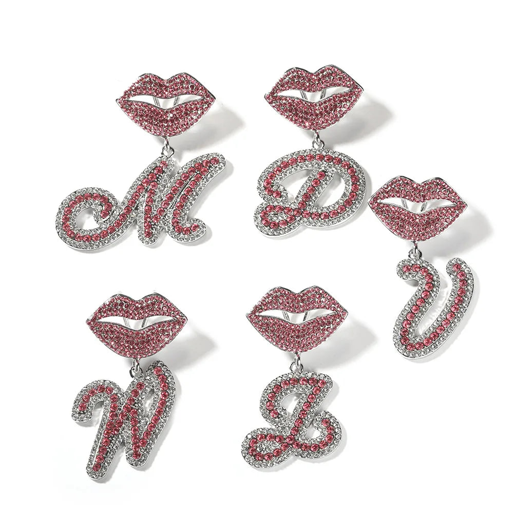 Sexy Lips Hook Red Stones Initial Necklace Alloy Rhinestone A-Z Letter Pendant Iced Out Alphabet Pendant Hip Hop Jewelry