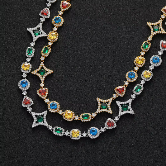 Ice Stone New Colorful Gemstone Star Link 18K Gold Necklace