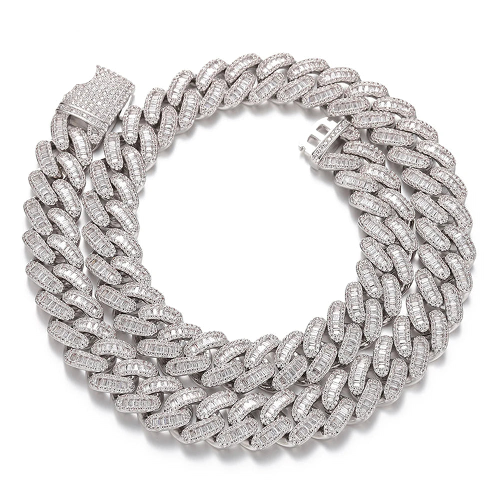 Iced Out baguette Cuban Link Chain CZ Full Paved 16mm Hip Hop Gold Plated baguette Cuban Bracelet Cuban Link Chain Men