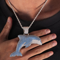 New Design Men's Hip Hop Blue Diamond Large Dolphin Pendant Necklace Animal Trendy Shiny Stylish Brass Jewelry For Gift Party