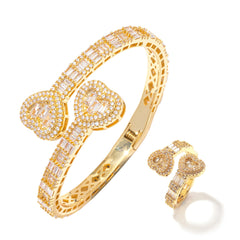 Hip Hop Jewelry Iced out heart bangle ring set bling bling baguette CZ Adjustable size women street heart bracelet heart ring