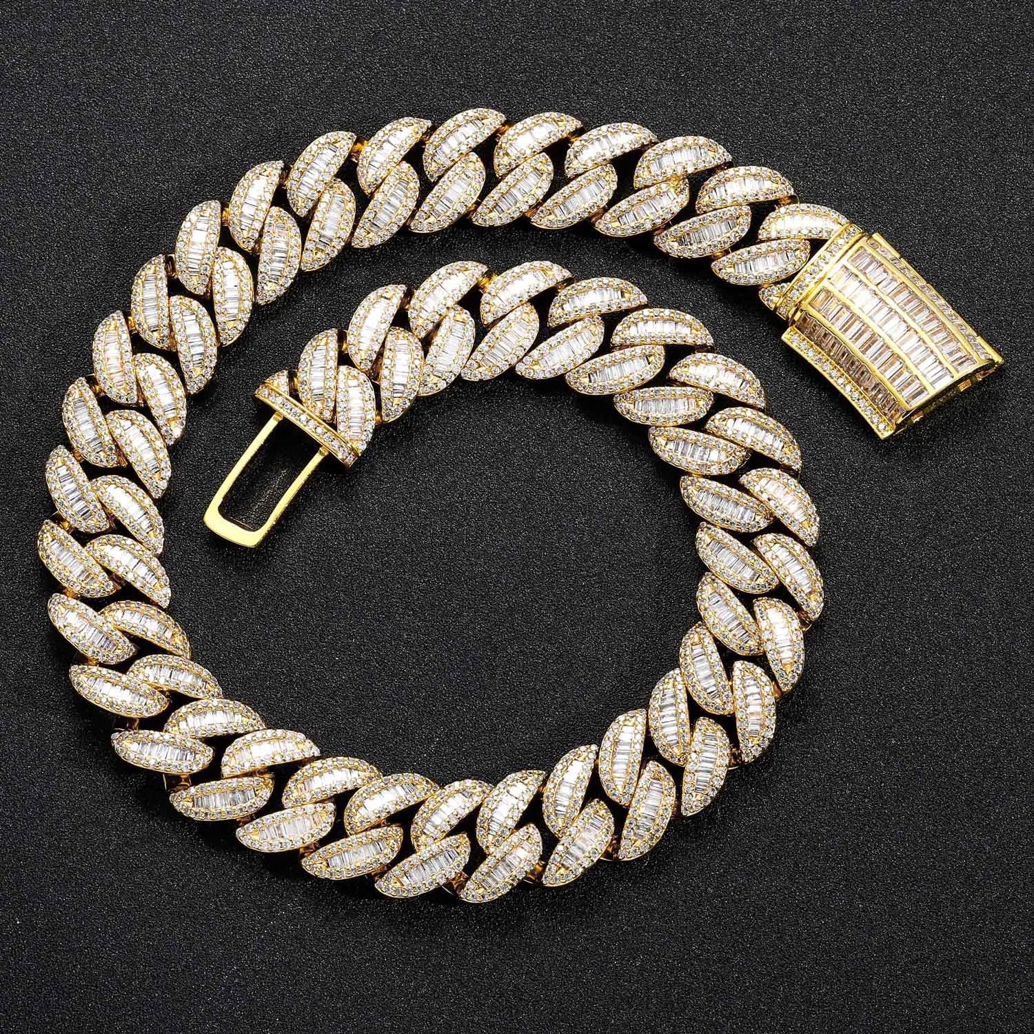 Iced Out 18mm Big Baguette Cuban Chain 5A Cubic Zircon Safty Clasp INS Hot Sale Miami Cuban Link Chain Hip Hop Jewelry