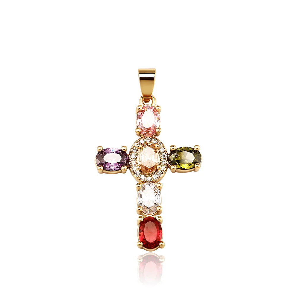Luxury 6 Colored Oval Zircon Cross Pendant Necklace Micro Pave Cubic Zirconia with Box Chain Hip Hop Jewelry