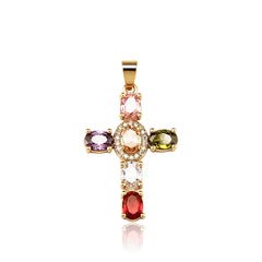 Luxury 6 Colored Oval Zircon Cross Pendant Necklace Micro Pave Cubic Zirconia with Box Chain Hip Hop Jewelry