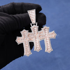 Ice Stone Fashion Baguette Triple Cross CZ Pendant Necklace
