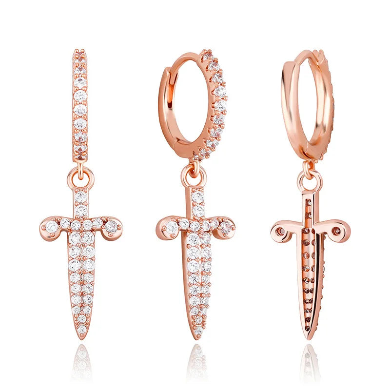 Ice Stone New Arrival Hoop Cross Sword Iced Out Earrings