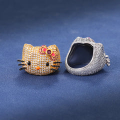 Ice Stone Bling Bling Hello Kitty Brass 18K Gold Plated Ring