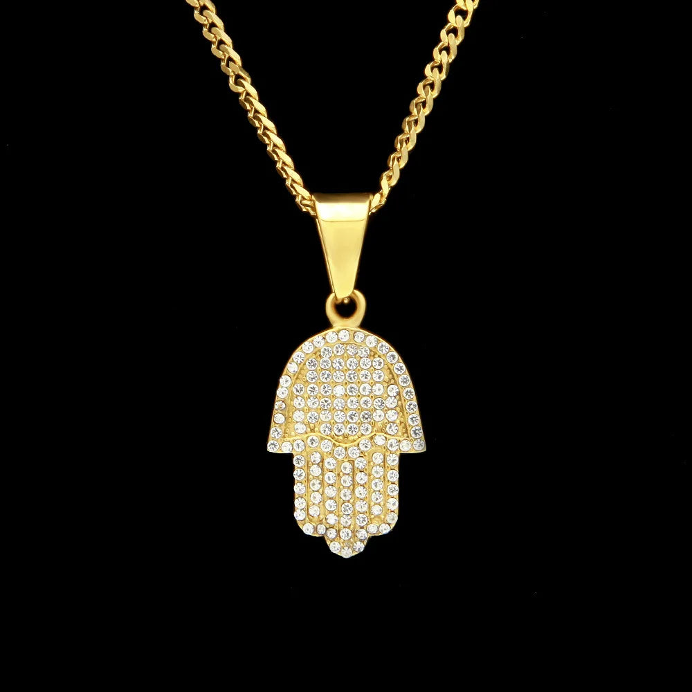 2019 high quality hip hop bling cuban chain 24" Hamsa necklace women Men couple gold silver iced out Hamsa hand pendant necklace