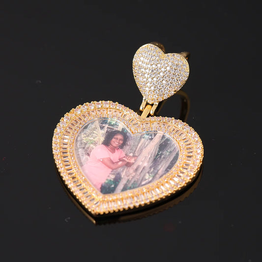 Ice Stone Bling Bling Custom Photo Baguette CZ Heart Pendant
