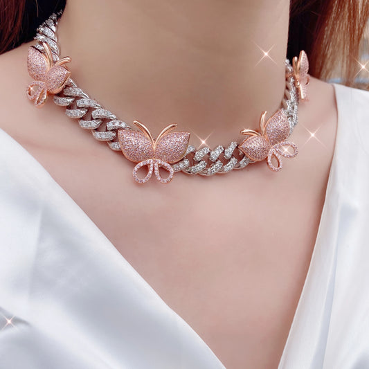 Woman Fashion Christmas Gift Jewelry Micro Paved Iced 8mm 12mm Miami Cuban butterfly Link Chain Diamond Choker Necklaces