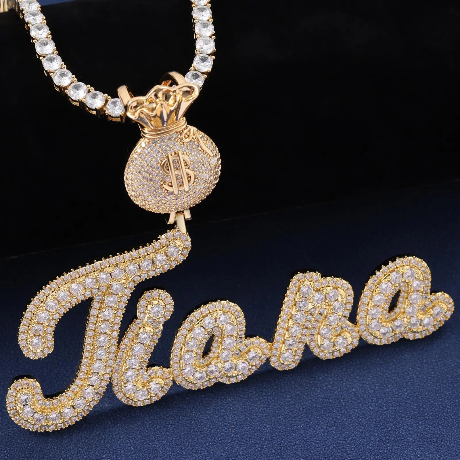 TOP ICY Hip Hop Jewelry Custom Brush Cursive Letter Two Tone Name Pendant Necklace Wallet Hoop Style Iced Out Personalized Chain