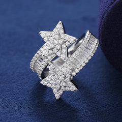New Design 925 Sterling Silver VVS D Moissanite Baguette Double Layer Star Ring Luxury Adjustable Accessories Jewelry