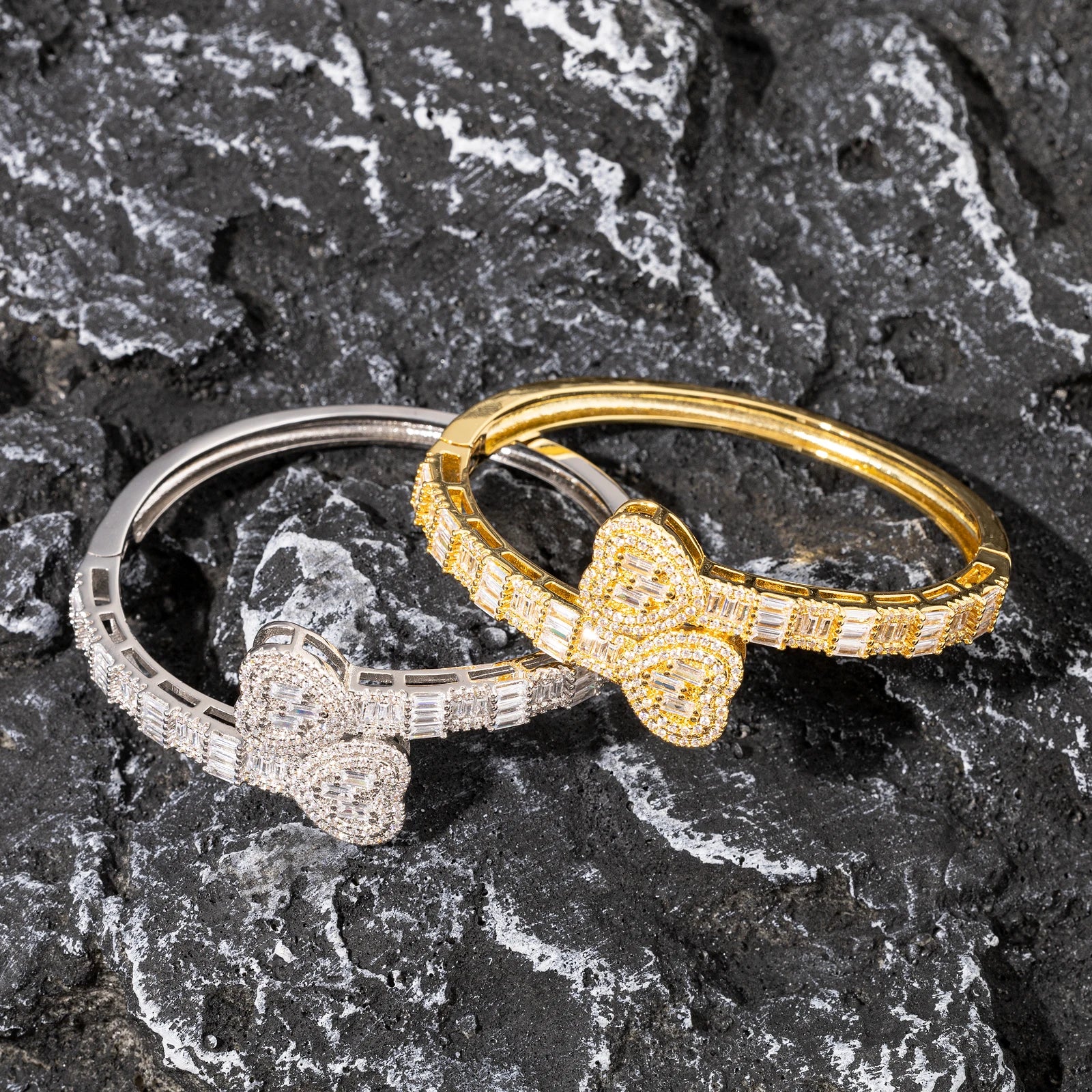 ICE STONE Hip Hop Jewelry Iced Out Heart Baguette Bangle – 18K Gold Plated Cuban Bracelet with AAA CZ