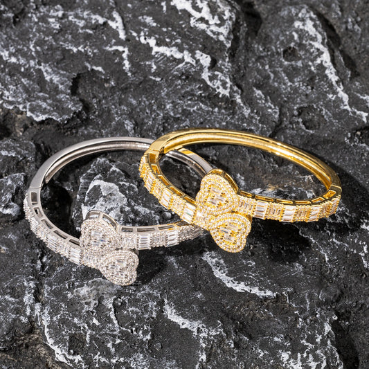 ICE STONE Hip Hop Jewelry Iced Out Heart Baguette Bangle – 18K Gold Plated Cuban Bracelet with AAA CZ