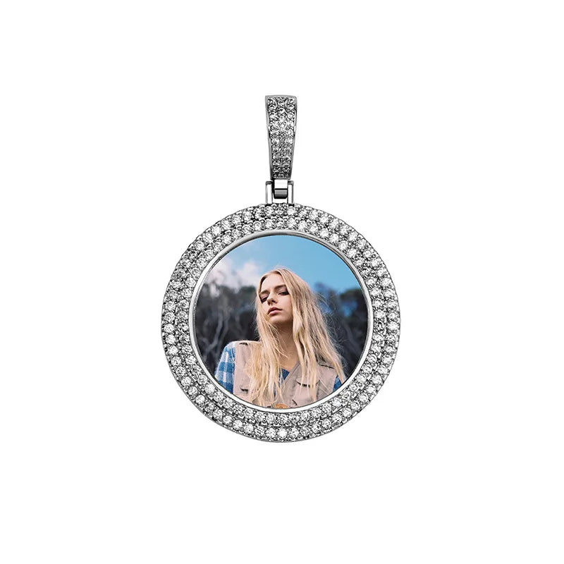 Silver Color Circle 2 Layers Cubic Zircon Custom Photo Necklace Pendant  Picture Pendant Necklace Memory Pendant Family Gift