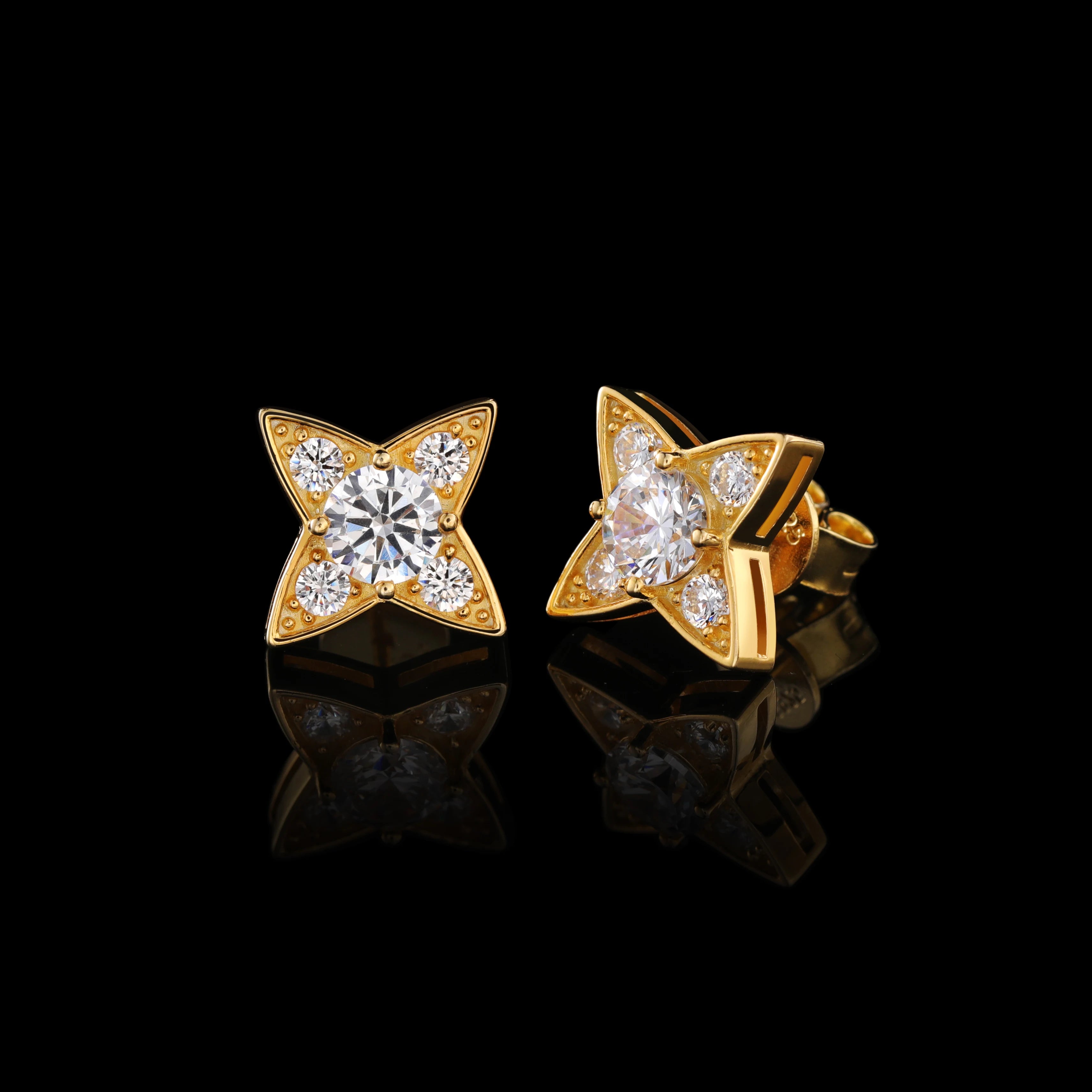 New Design High Quality Sparkling Stud Earrings 925 Sterling Silver VVS D Moissanite Diamond Hip Hop Four Pointed Star Jewelry