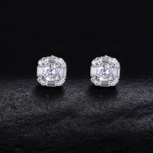 Ice Stone Hip Hop Baguette Moissanite Earrings 925 Silver Screw Back