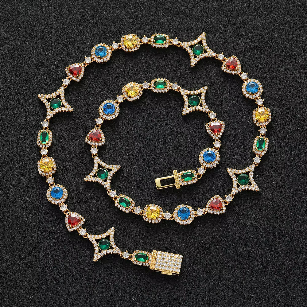 Ice Stone New Colorful Gemstone Star Link 18K Gold Necklace – Ice