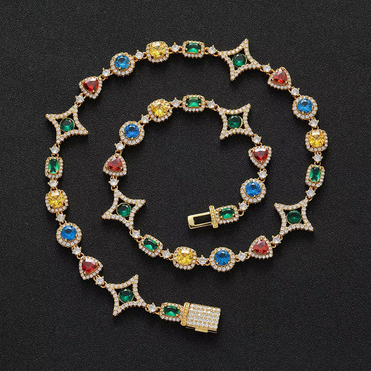 Ice Stone New Colorful Gemstone Star Link 18K Gold Necklace