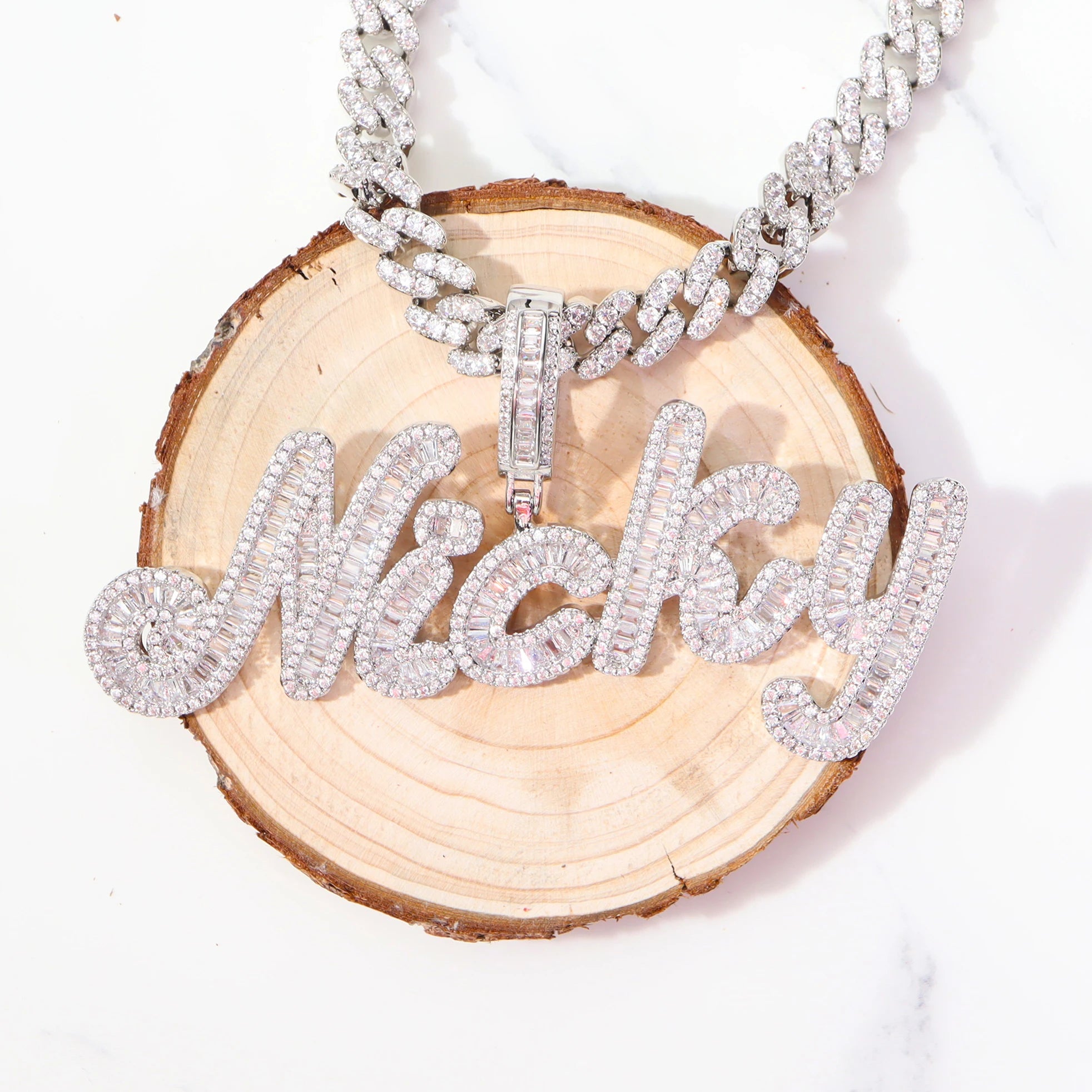TOP ICY Custom Name HipHop Jewelry luxury shiny Baguette letters Zircon necklace personalized Pink name plate necklace