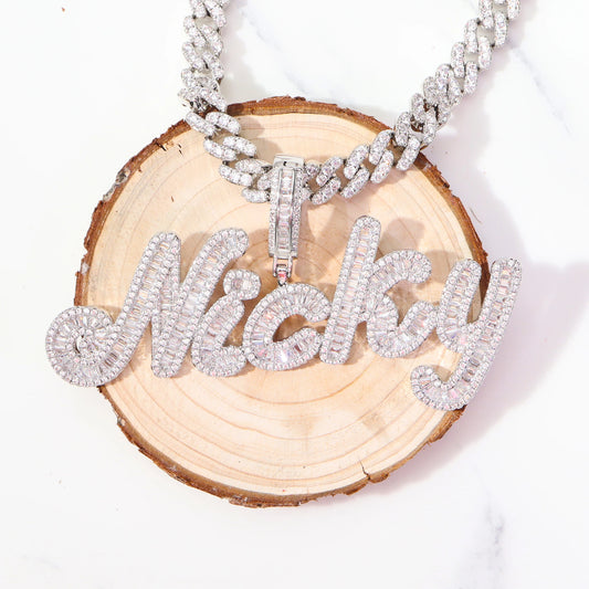 TOP ICY Custom Name HipHop Jewelry luxury shiny Baguette letters Zircon necklace personalized Pink name plate necklace