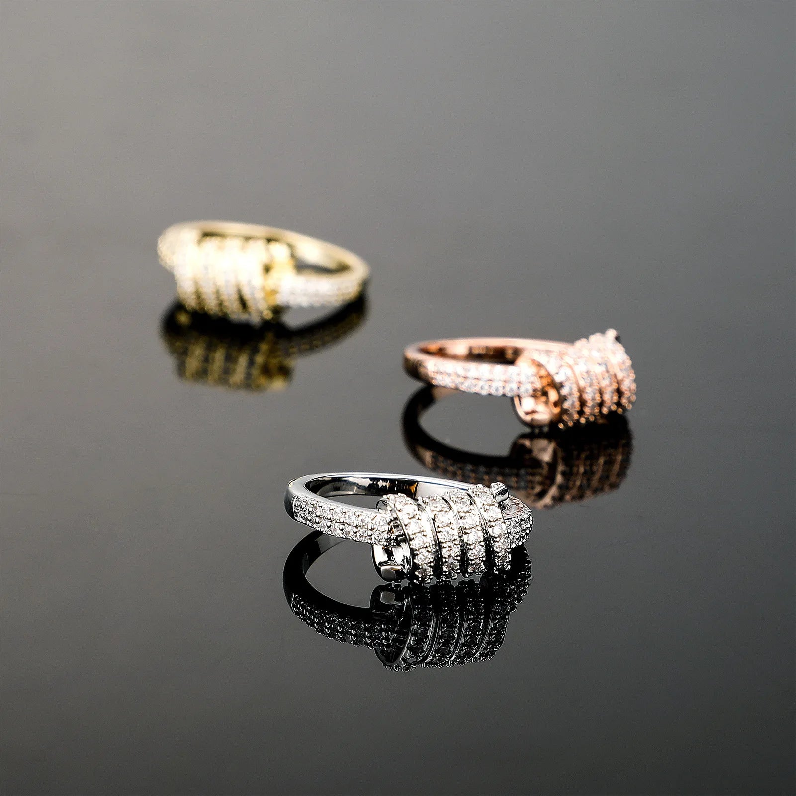 Ice Stone Spiral Rose Gold CZ Micro Setting Iced Out Rings