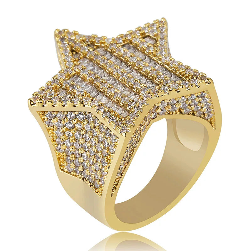 New European France style creative Design Gold Silver Color Five-pointed Star Ring Big Zircon Shiny Hip Hop Finger Ring jewelry