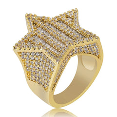 New European France style creative Design Gold Silver Color Five-pointed Star Ring Big Zircon Shiny Hip Hop Finger Ring jewelry