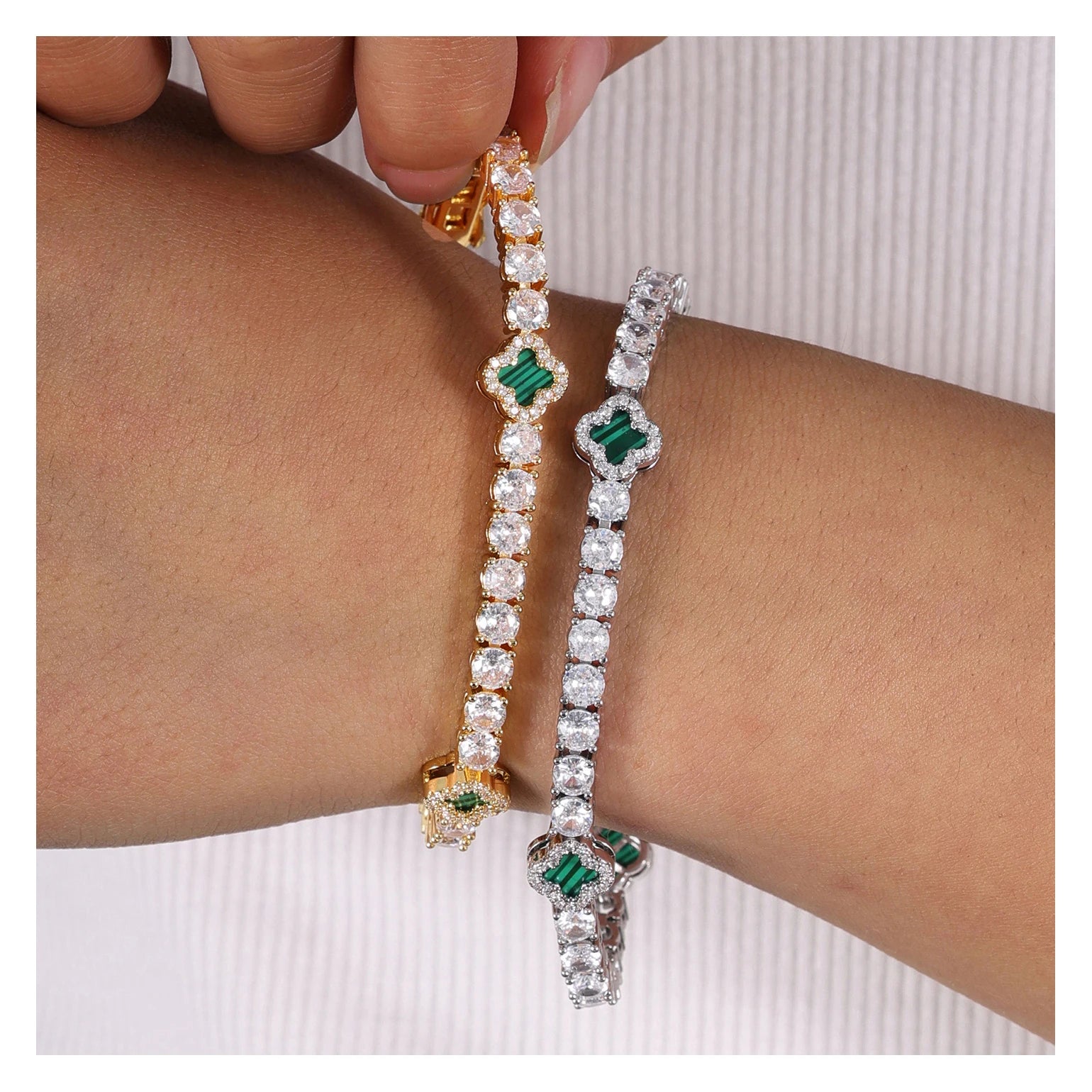 Hot Sale 4mm Clover Bracelet Necklace Jewelry18K Gold Plated Tennis Chain Iced Out  Colorful Shell Cubic Zirconia Chain