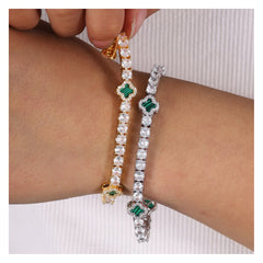 Hot Sale 4mm Clover Bracelet Necklace Jewelry18K Gold Plated Tennis Chain Iced Out  Colorful Shell Cubic Zirconia Chain