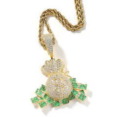 Hip Hop Dollar Design Money Bag Pendant Necklace Brass Bling Fill CZ Diamond Wallet Pendant
